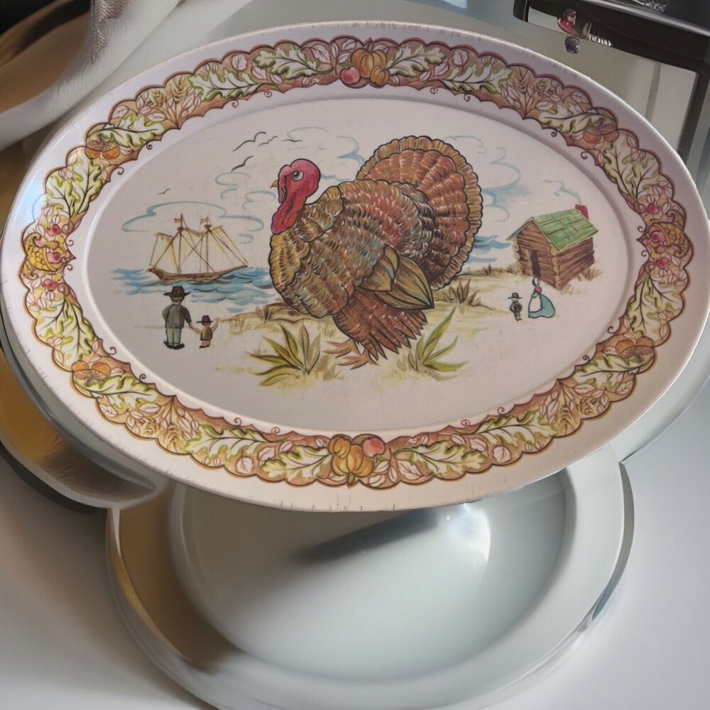 Vintage Brookpark Turkey Platter Thanksgiving Pilgrims Melamine 21" x 15" 1521